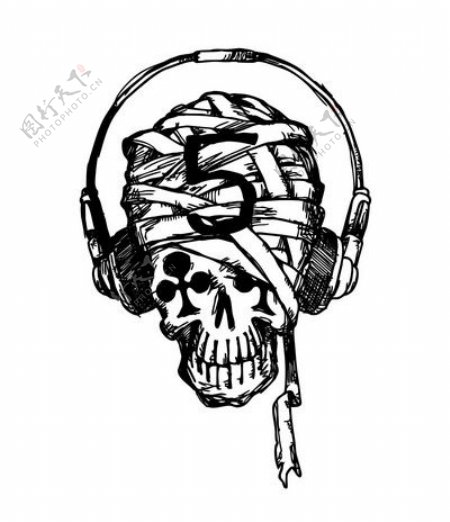 印花矢量图黑白色骷髅音乐元素家耳机朋克风格免费素材