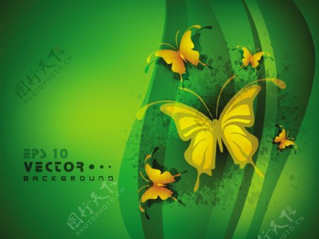 美丽的绿色背景与金色的蝴蝶
