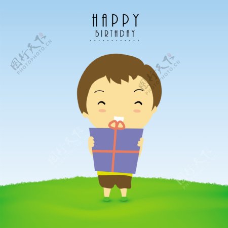 快乐的生日庆典的概念与可爱的小男孩抱着礼品盒上的自然背景
