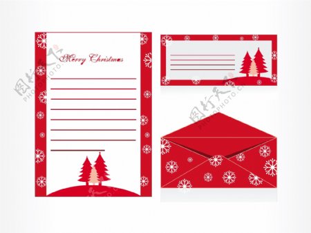 在红色的树和雪的圣诞节信封和信纸