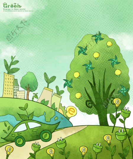 绿色环保卡通画图片