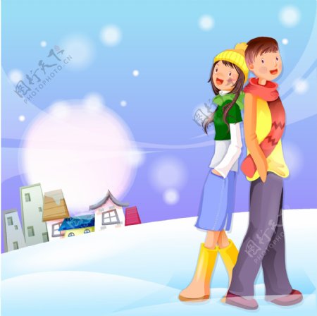 情侣背靠背站在雪地里矢量素材