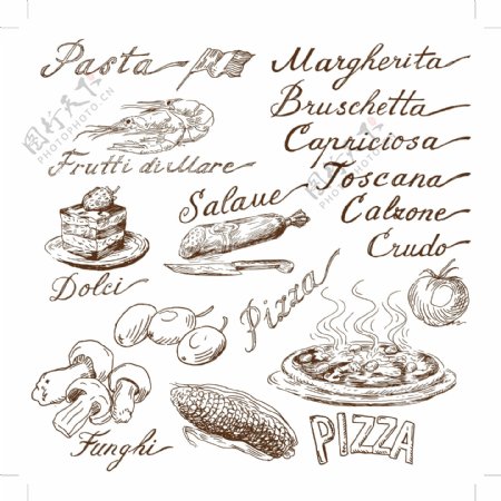 线的食物和厨房用具的矢量绘图