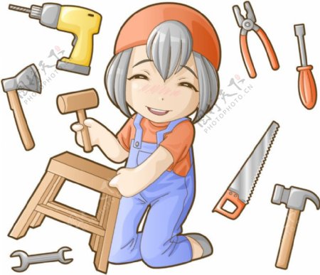 木工女孩和工具矢量素材