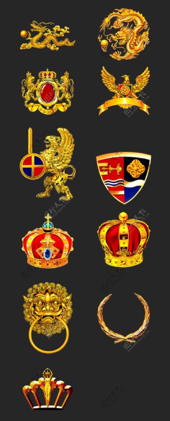 欧式金色徽章皇冠等图标素材