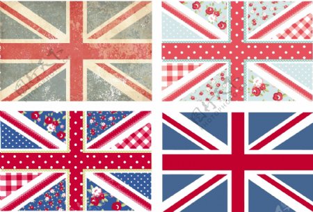 在破旧的别致的花和4只可爱的复古风格的英国国旗