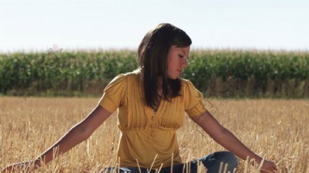 女孩坐在麦田在前面的玉米4股票的录像视频免费下载