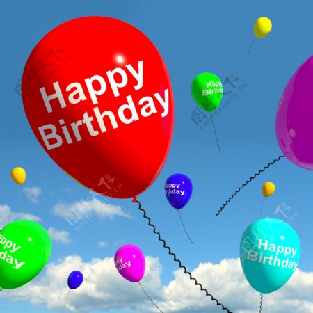五彩的气球在空中庆祝生日快乐