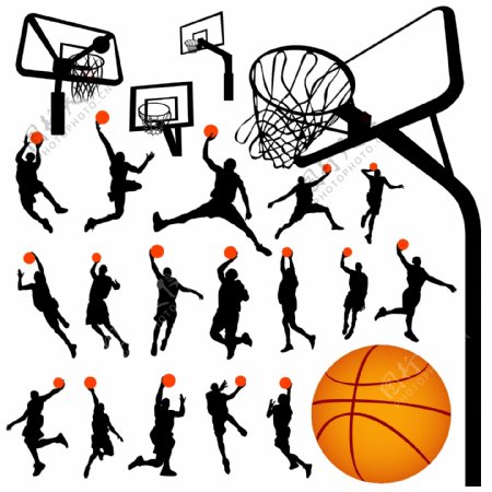 篮球运动人物剪影和局域网的篮球架