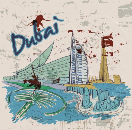 迪拜的涂鸦和垃圾背景矢量插画