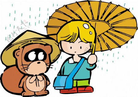 下雨天打伞的小男孩和小浣熊