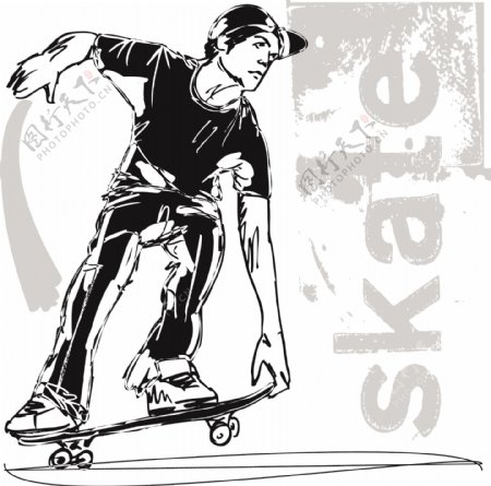 滑板男孩矢量插画草图