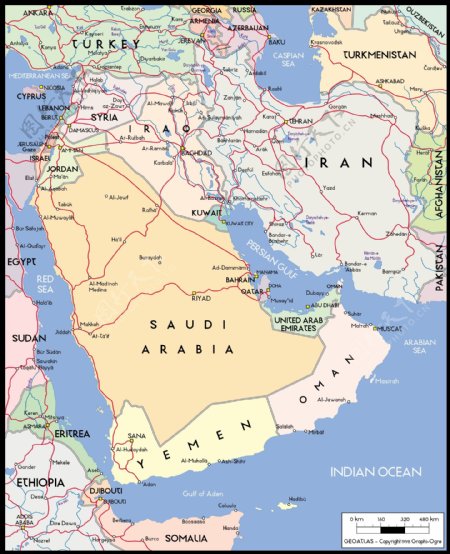 美丽的世界地图矢量素材的阿拉伯半岛地图
