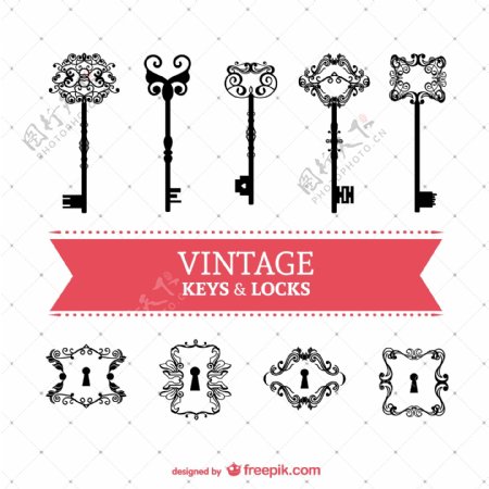 复古花纹钥匙与锁矢量素材