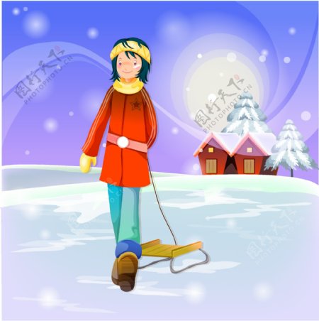女孩在雪地里拖着雪橇图片