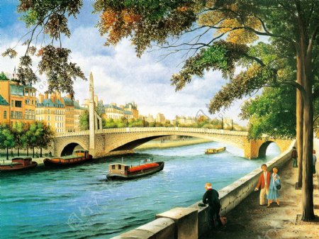 河上拱桥油画