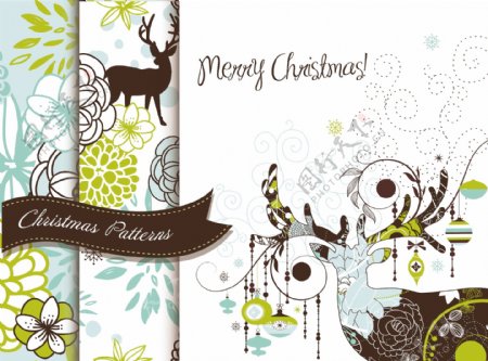 集创意的圣诞图案的鹿和花