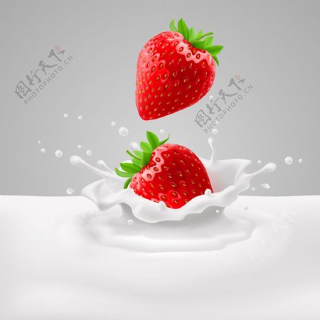 草莓落入牛奶里矢量素材