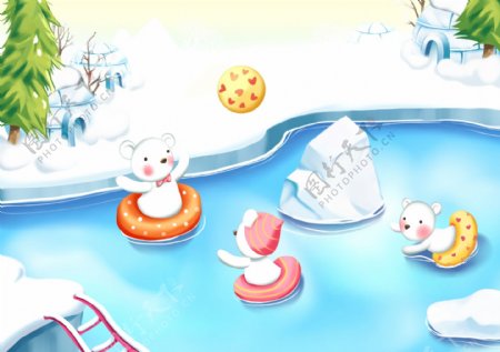 冬季湖泊内游泳的兔子