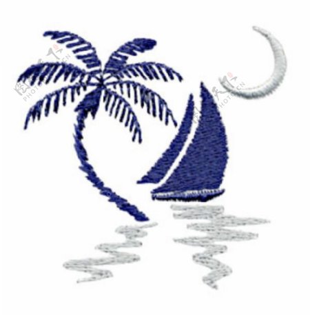 绣花帆船椰树月亮蓝色免费素材