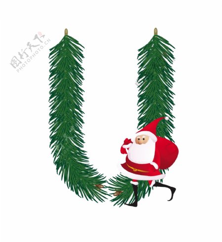 圣诞装饰杉树的ABC字母U向量有趣的圣诞老人