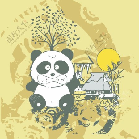 印花矢量图可爱卡通卡通动物熊猫树免费素材