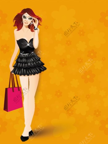 购物袋花装饰时尚的年轻女孩在黄色背景的护目镜