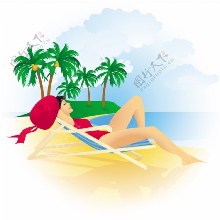 女人对一个热带海滩背景矢量放松