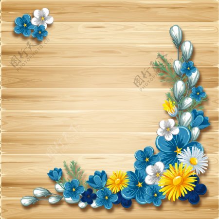 矢量鲜花装饰边框木纹背景素材
