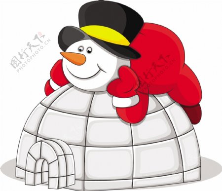 随着圆顶房子圣诞节矢量插画的雪人