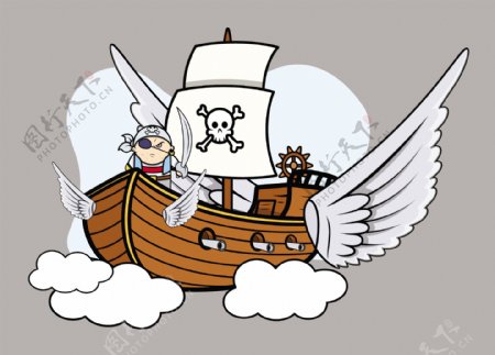 飞行海盗船卡通插画矢量