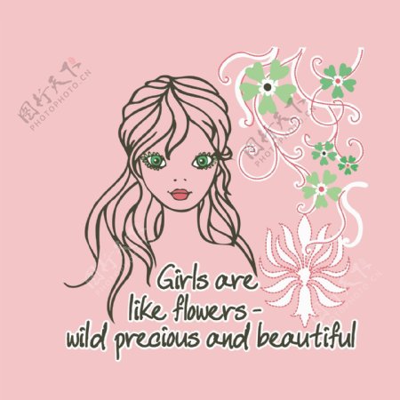 印花矢量图人物女孩植物花朵免费素材