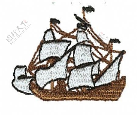 绣花帆船棕色白色免费素材