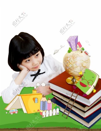 书本旁的女孩和地球仪书本