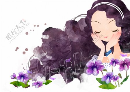长发美女和紫色花朵