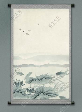 中国风鸟群湖泊水墨画