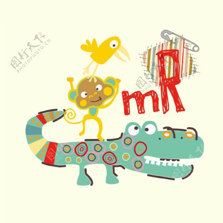 印花矢量图T恤图案图文结合动物鳄鱼免费素材