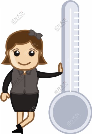 女孩站在温度计