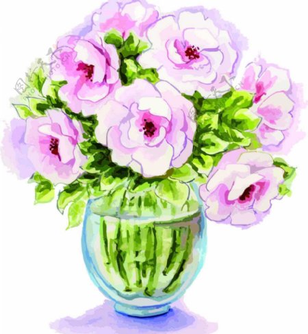 花瓶插花水彩手绘花卉矢量图