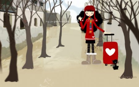 红色旅行箱小女孩插画