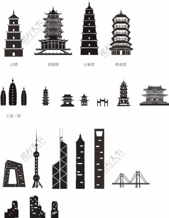 古现代中国建筑剪影矢量素材
