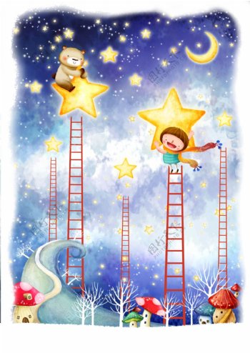 梯子上的女孩和星星