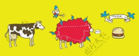 位图插画动物奶牛汉堡包免费素材