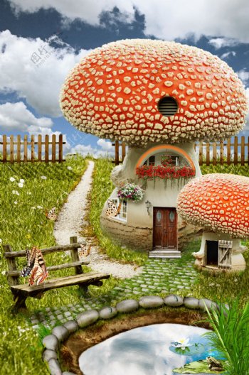 儿童摄影背景美丽蘑菇房子图片