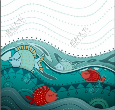 手绘矢量海面和鱼图片