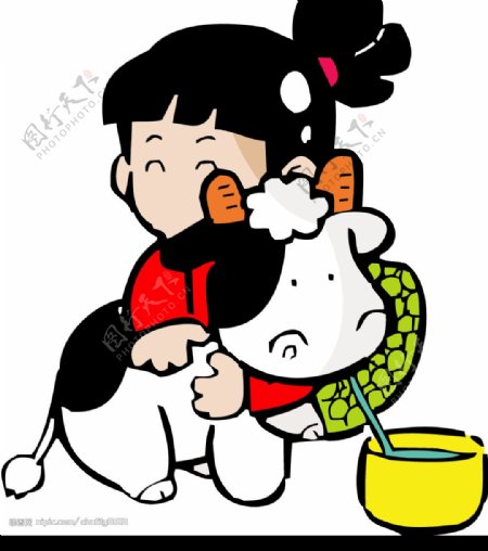 女孩抱小牛喝奶AI图片