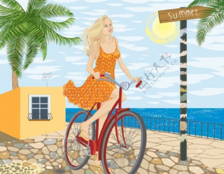 海边骑着自行车的美女图片
