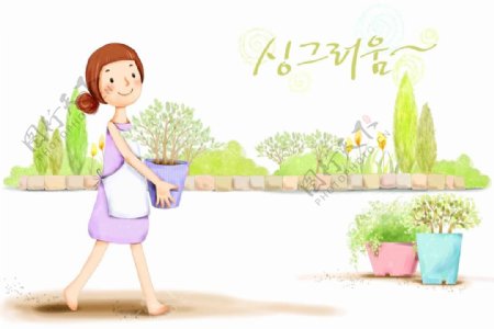 韩国手绘风清新少女种植植物图片