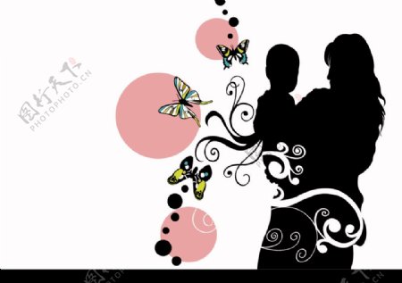 母子剪影蝴蝶花卉矢量素材图片