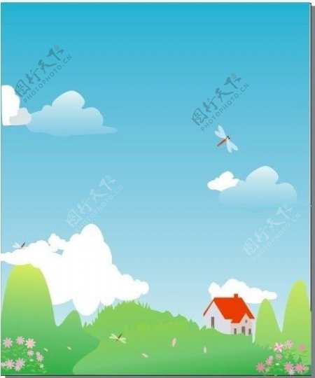 红顶房蜻蜓山草地白云蓝天树房子卡通图片